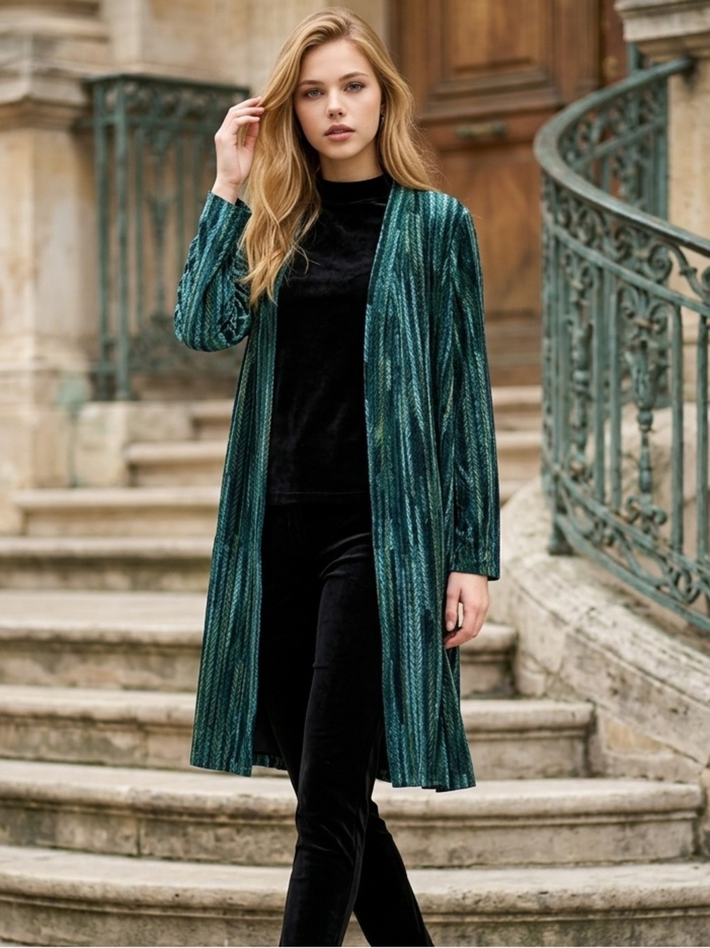 Susan Graver Teal and Dark Green Longline Open Cardigan